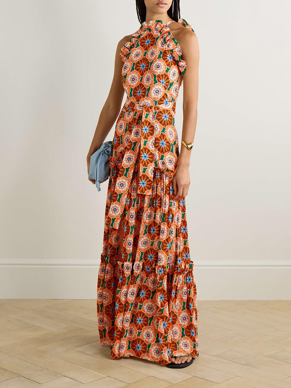 Robe longue rétro en mousseline froissée imprimée à volants et à taille nouée