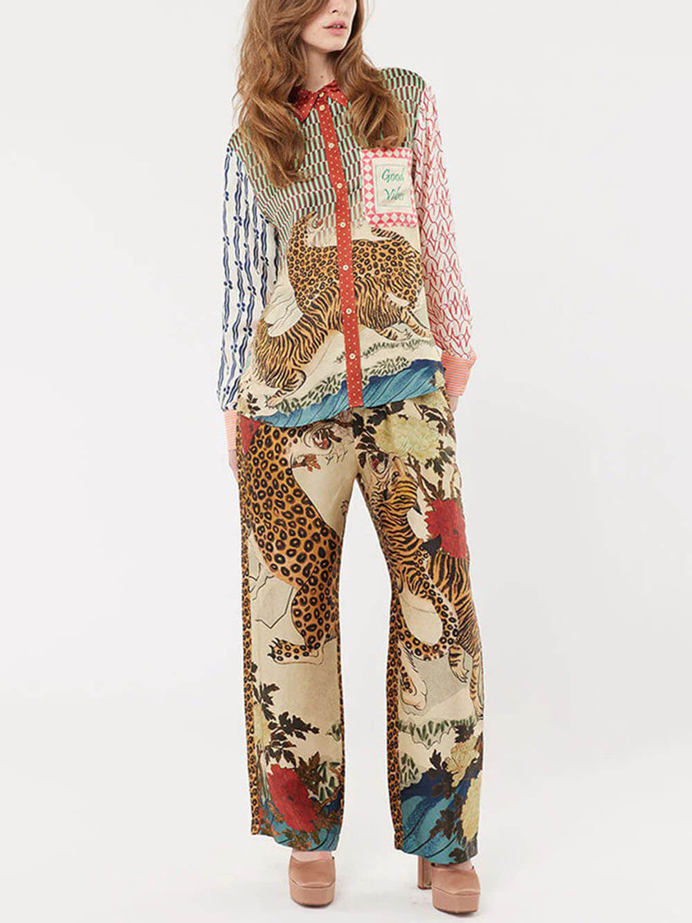 Chemise ample à manches longues et imprimé tigre de la jungle tropicale unique