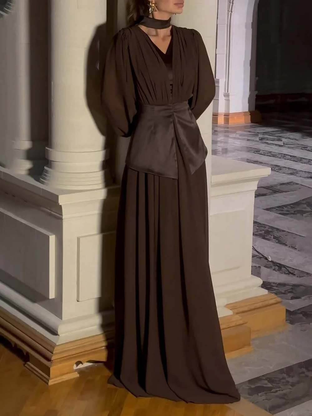 Elegant Pleated Bodice And Sash Gown Maxi Dress