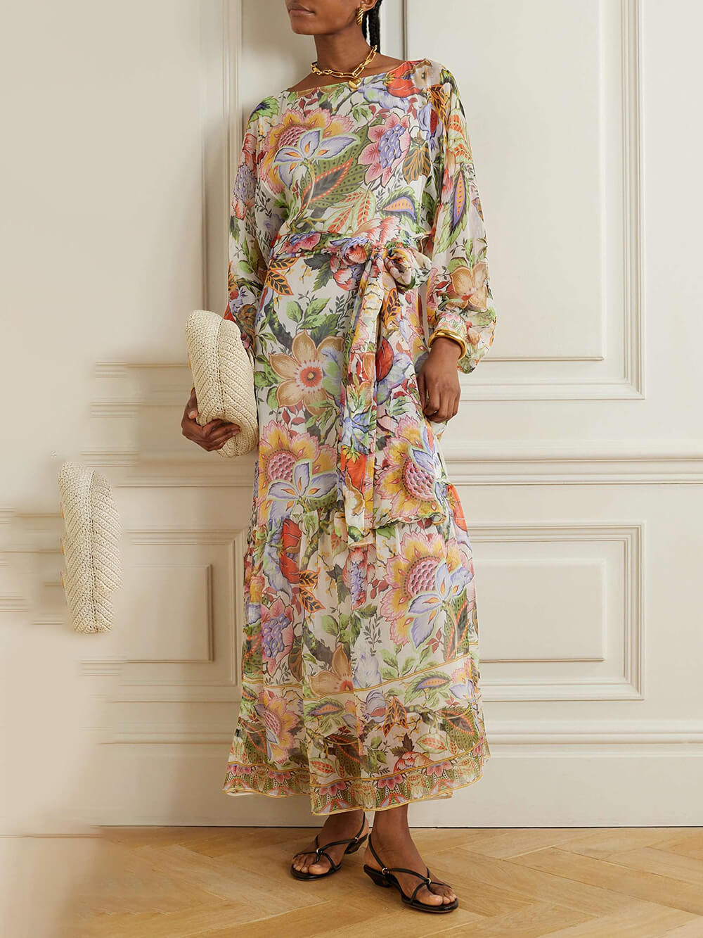 Robe longue en mousseline de soie crépon à imprimé floral avec ceinture