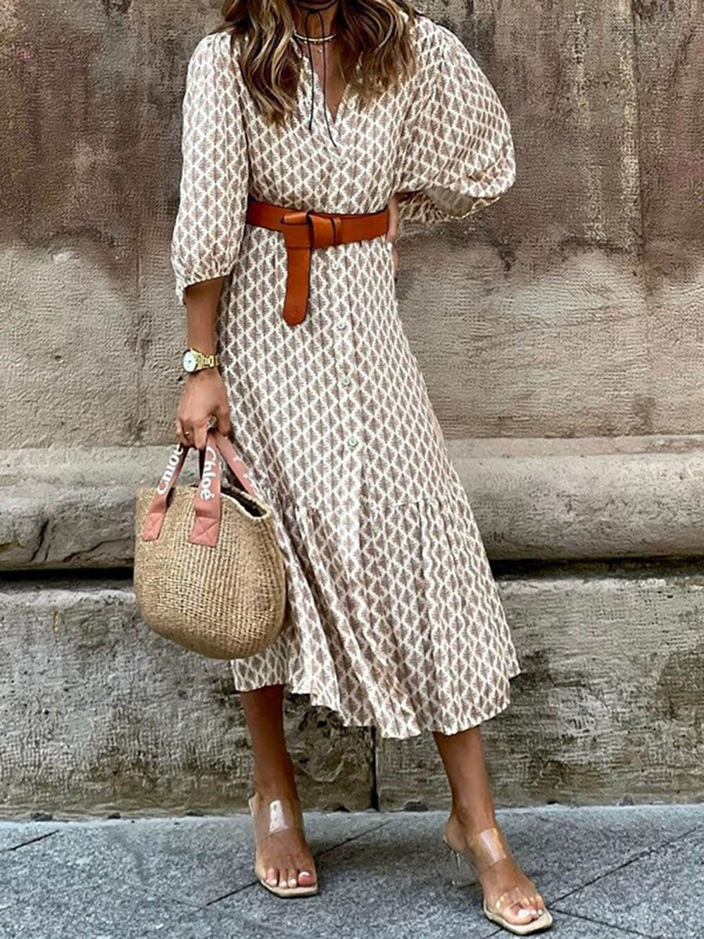 Robe mi-longue à imprimé unique, col en V, ceinture simple