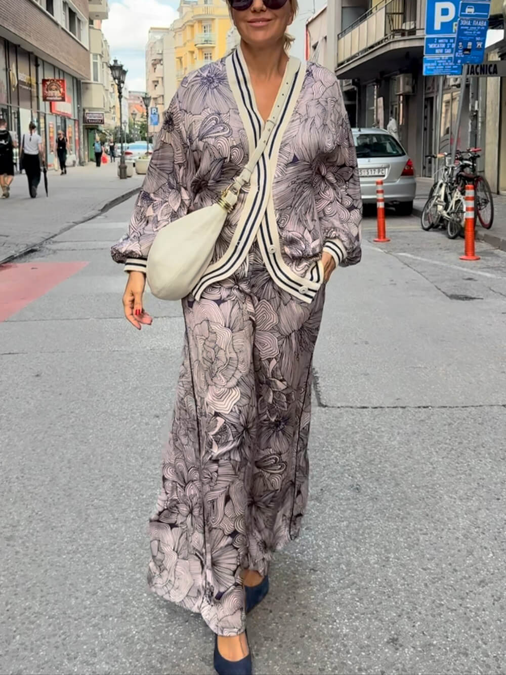 Unique Floral Print Ribbon Splice Pockets Elastic Waist Wide-Leg Pants