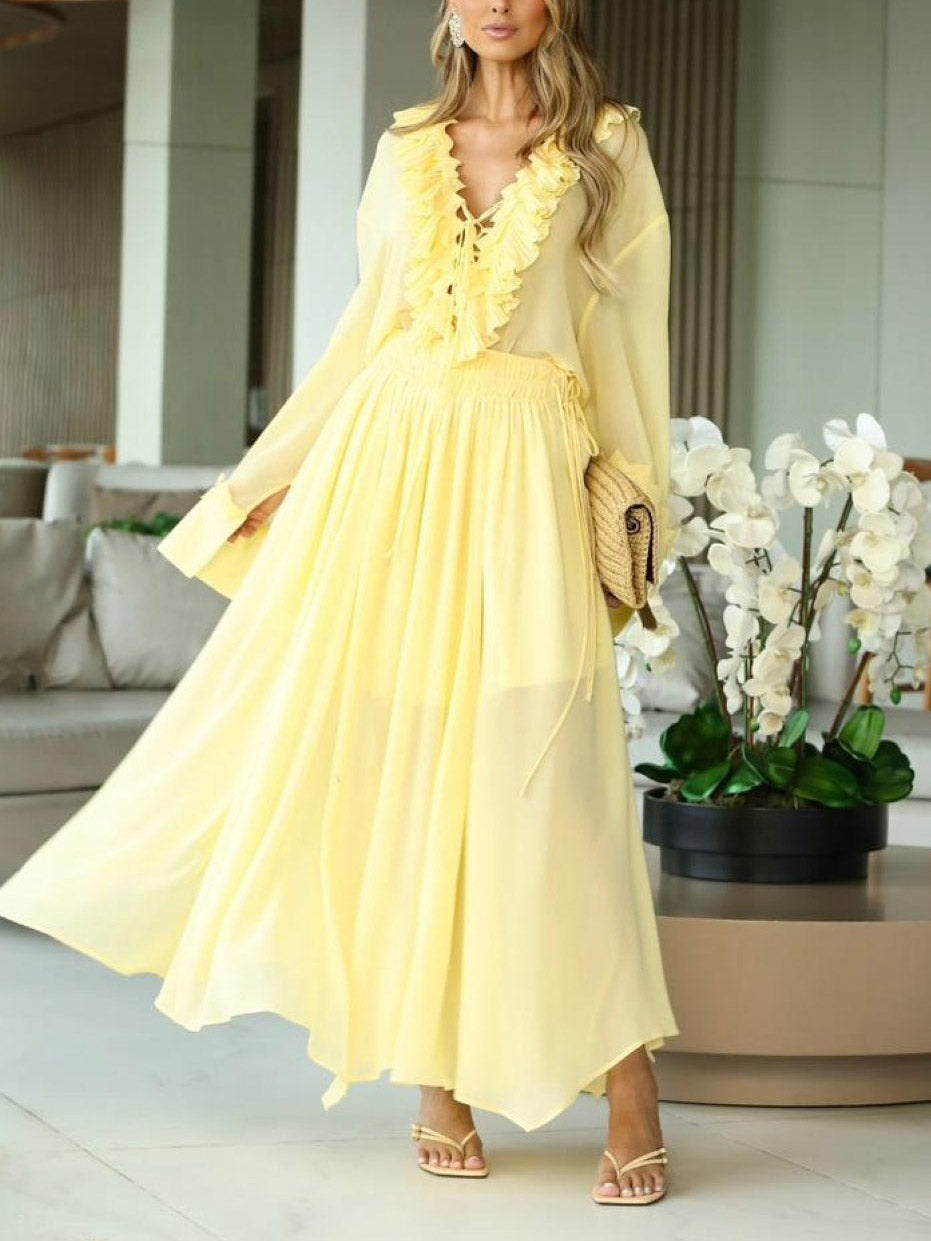 Elegante Chiffonbluse mit Rüschen und V-Ausschnitt