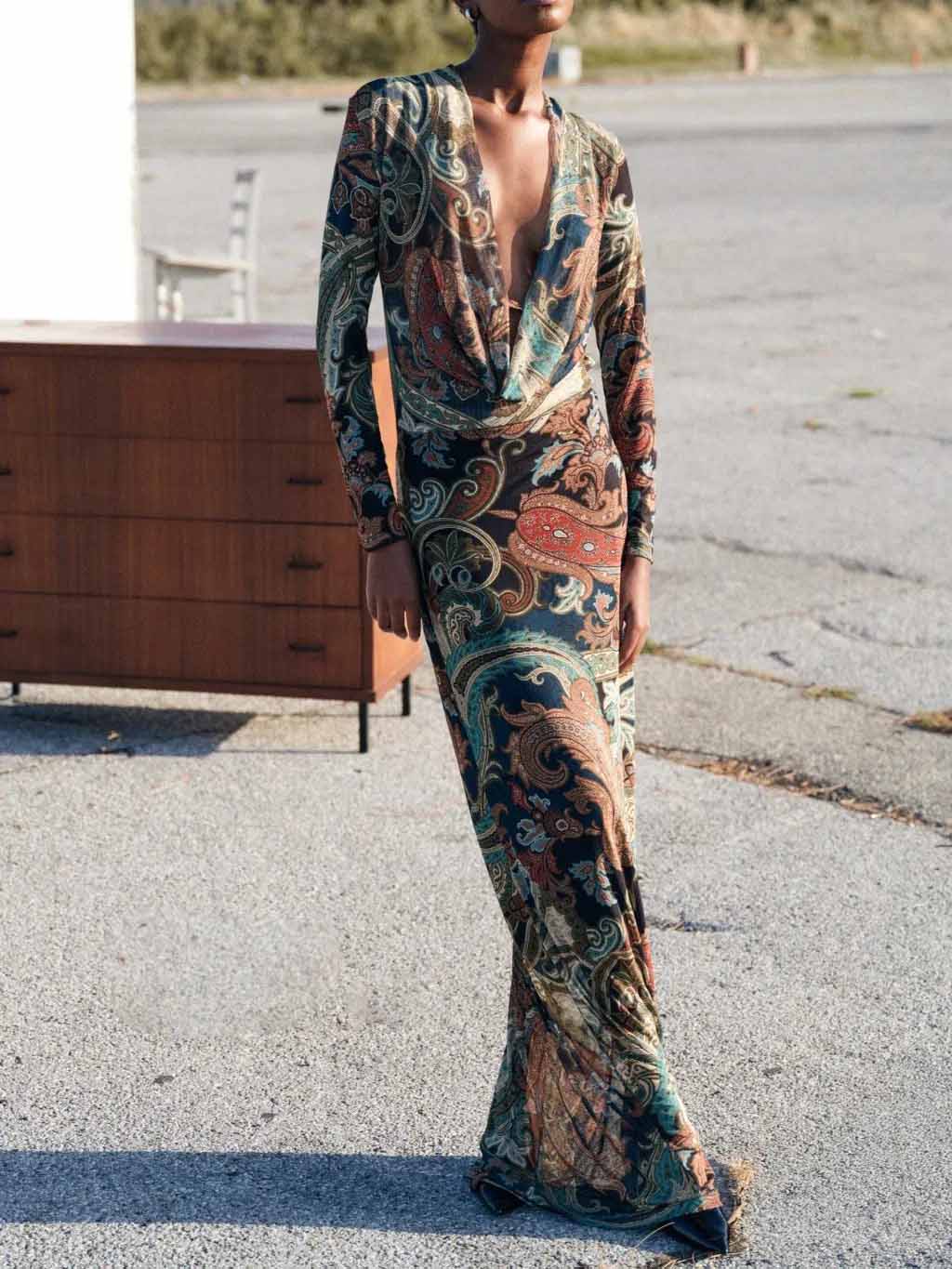 Elegant Long-Sleeve Paisley Print Deep V-Neck Maxi Dress