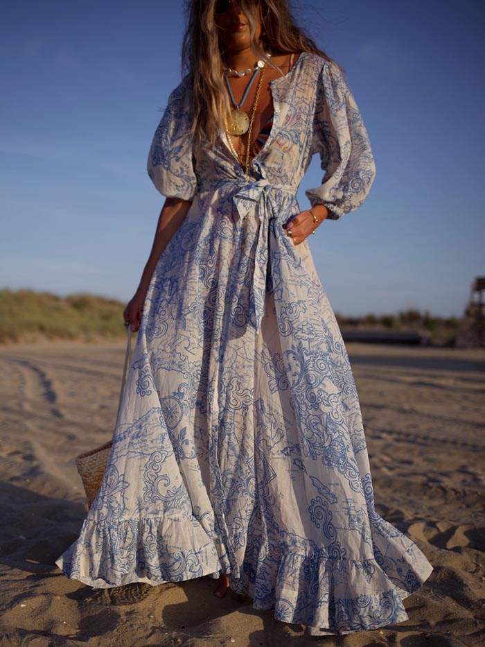 Robe longue à imprimé floral unique avec ceinture et boutonnage simple