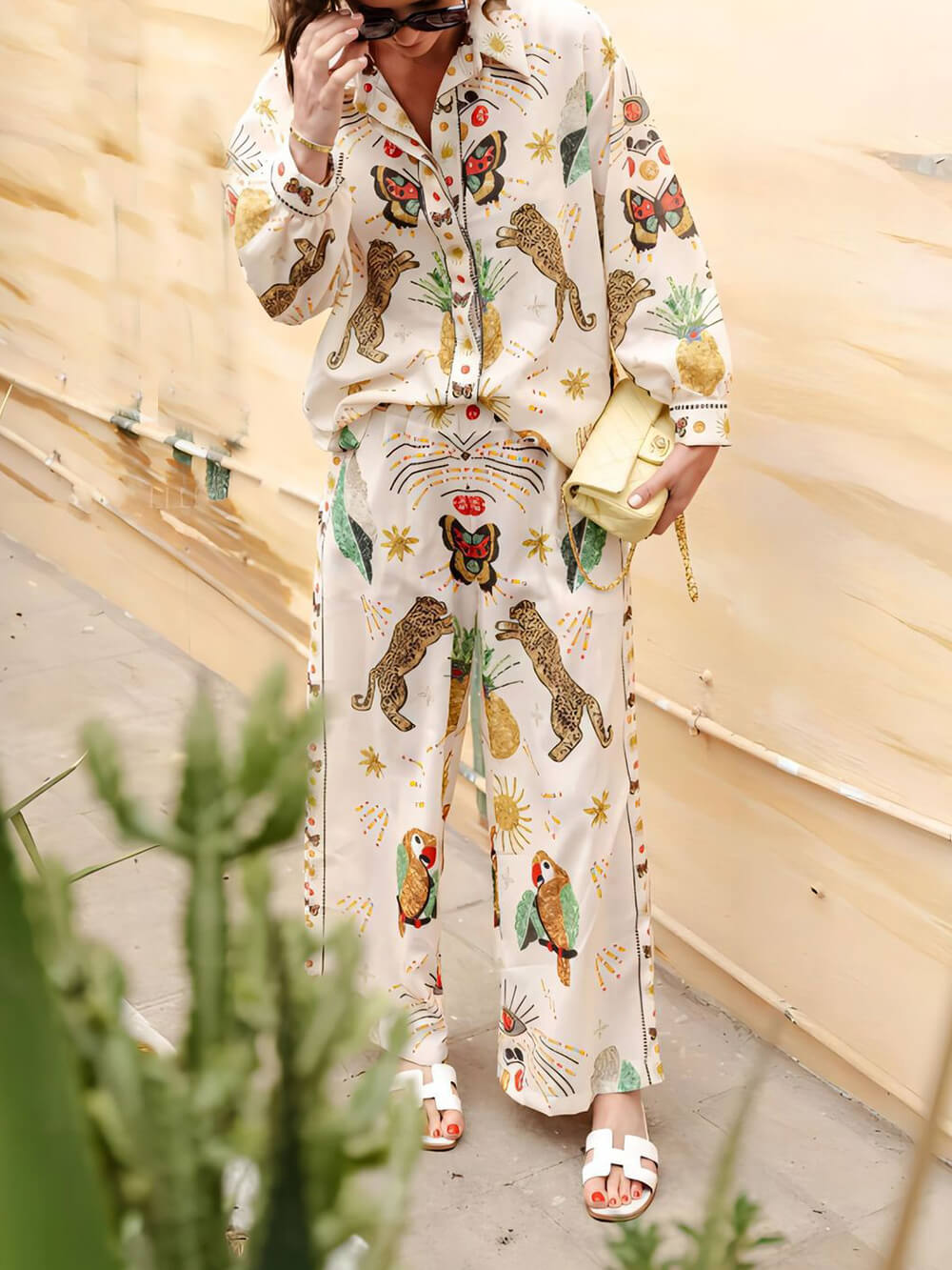 Fashionable Tiger Pattern Print Linen Loose Pocket Wide-Leg Pants