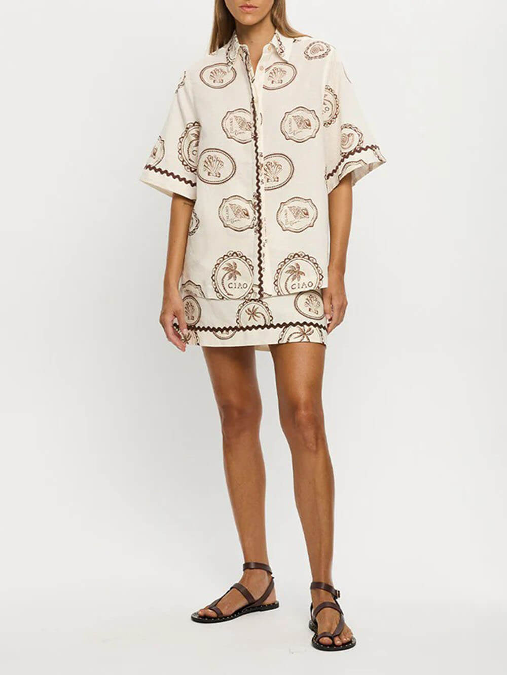 Elegant Lace-Up Linen Shell Print Short-Sleeved Shirt And Skirt Set