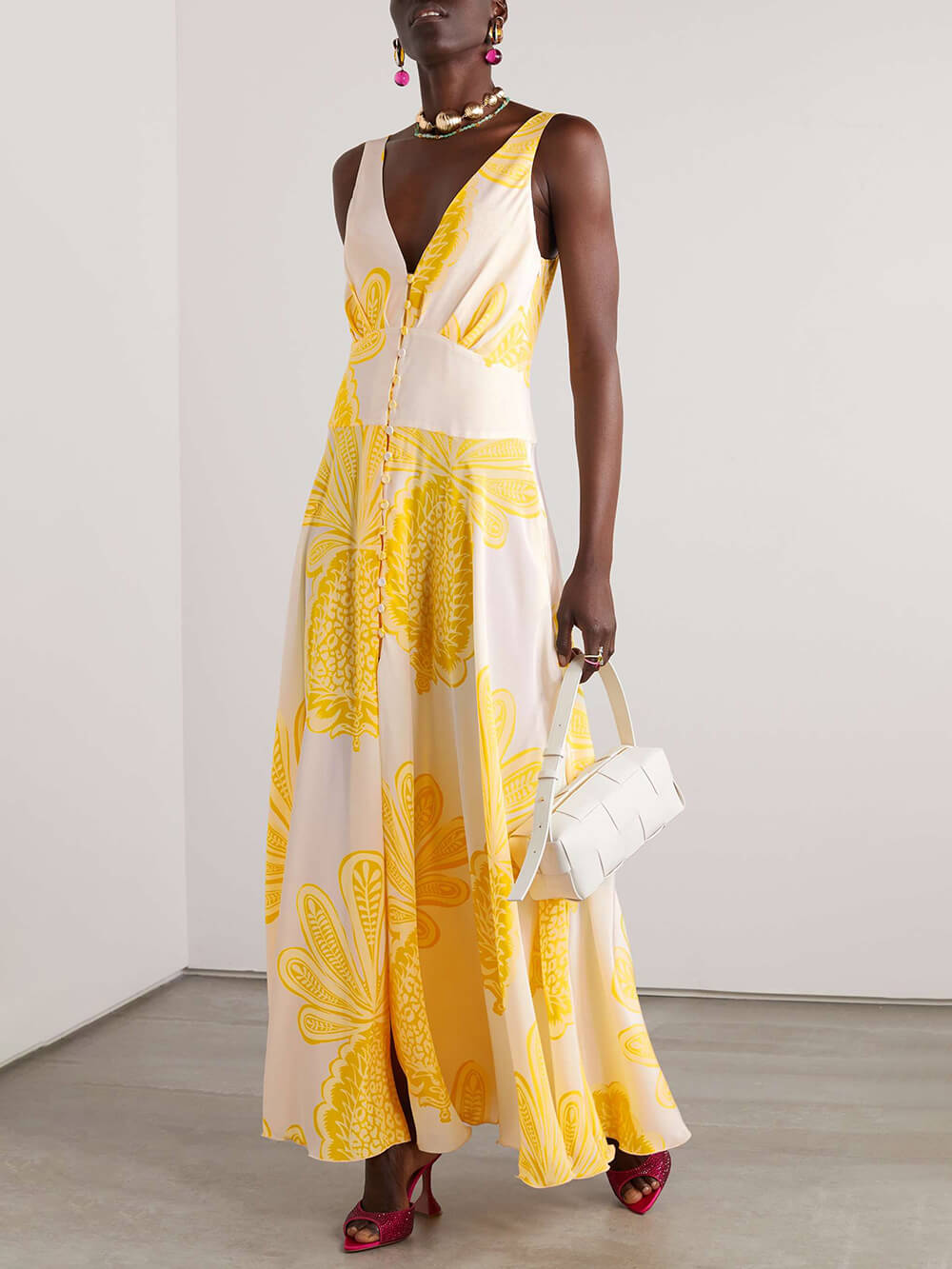 Elegantes Maxikleid aus Satinkrepp mit Ananas-Print