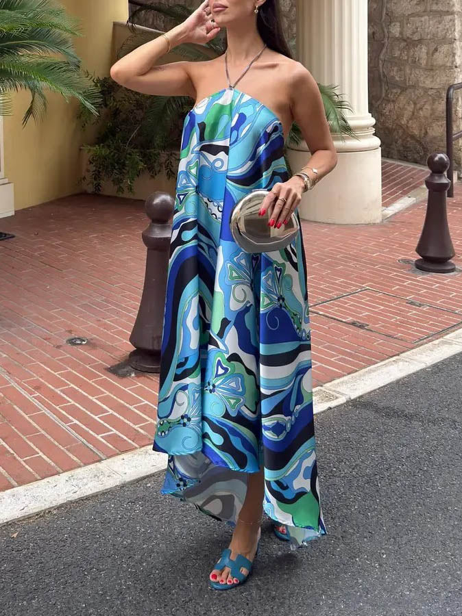 Robe midi élégante à imprimé floral abstrait et dos nu