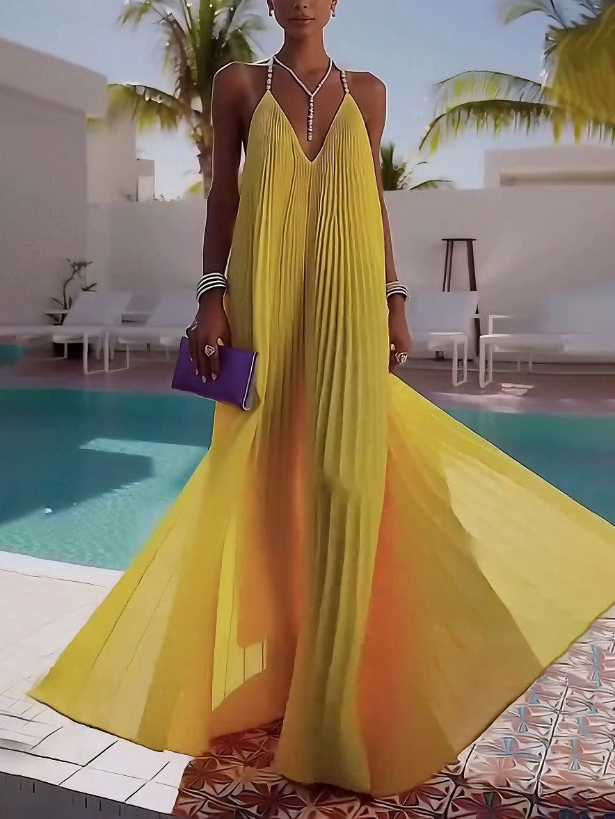 Elegant Pleated V-Neck Backless Chiffon Maxi Dress