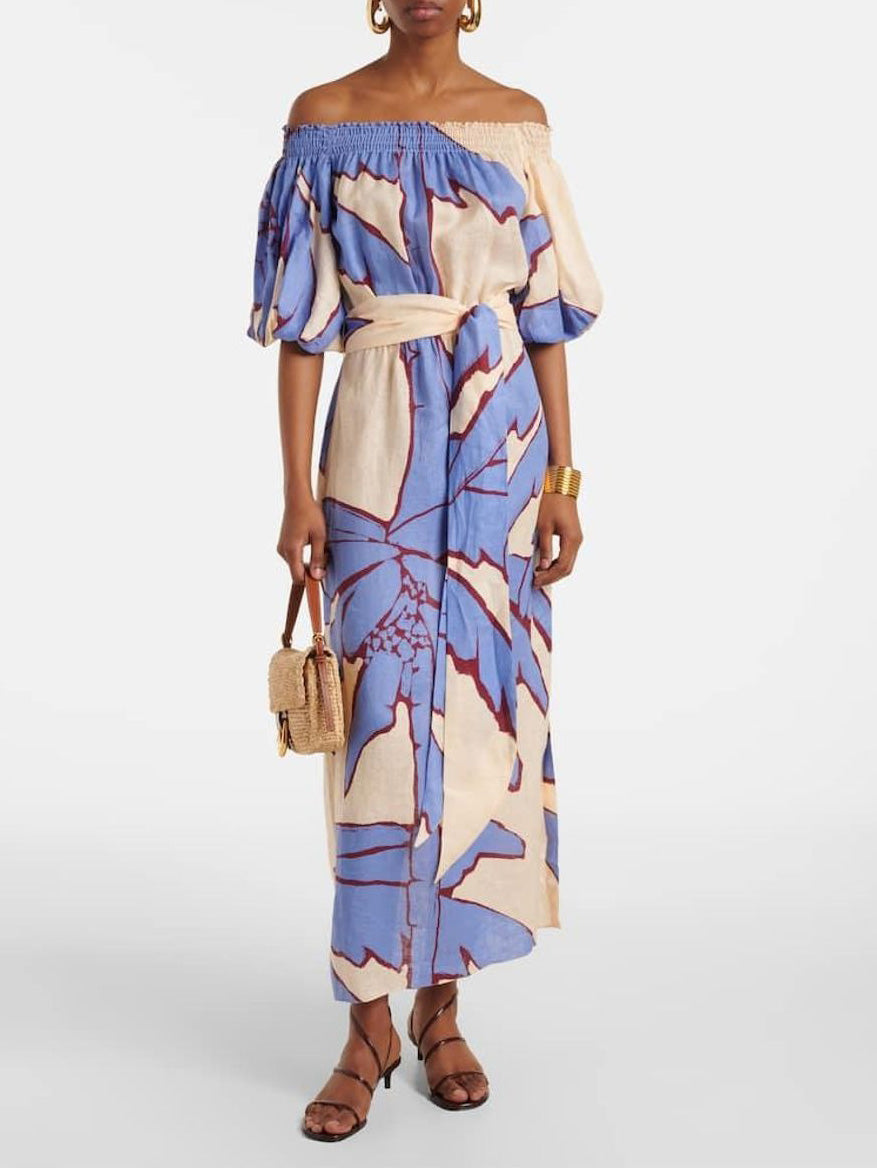 Robe longue exquise à épaules dénudées et imprimé palmiers