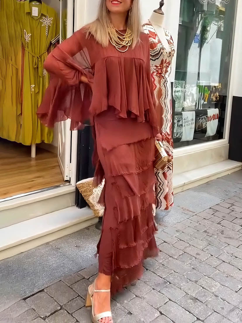 Elegant Layered Asymmetrical Ruffled Cape Maxi Dress