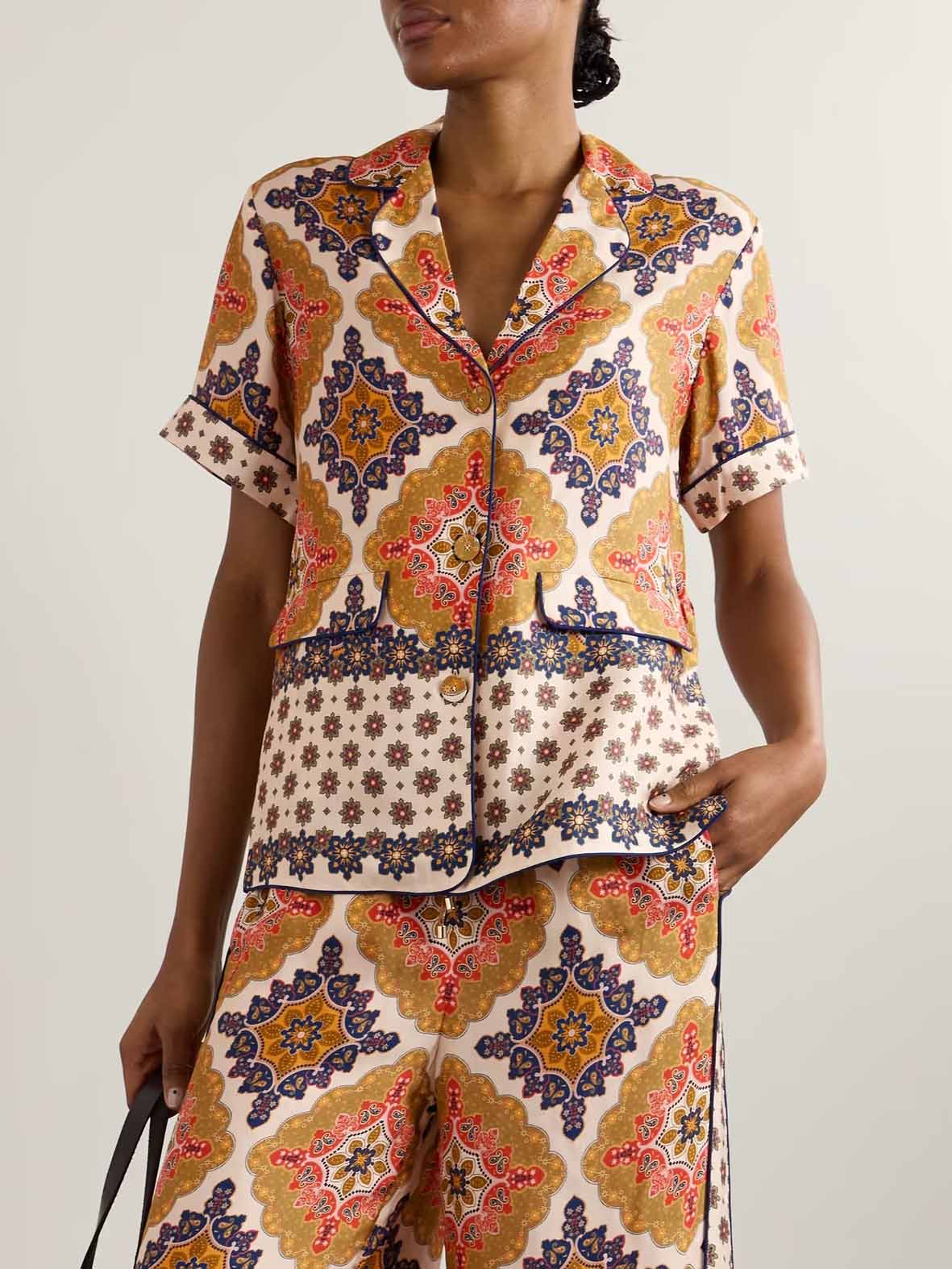 Retro-Bohemian-Satin-Shirt mit Print