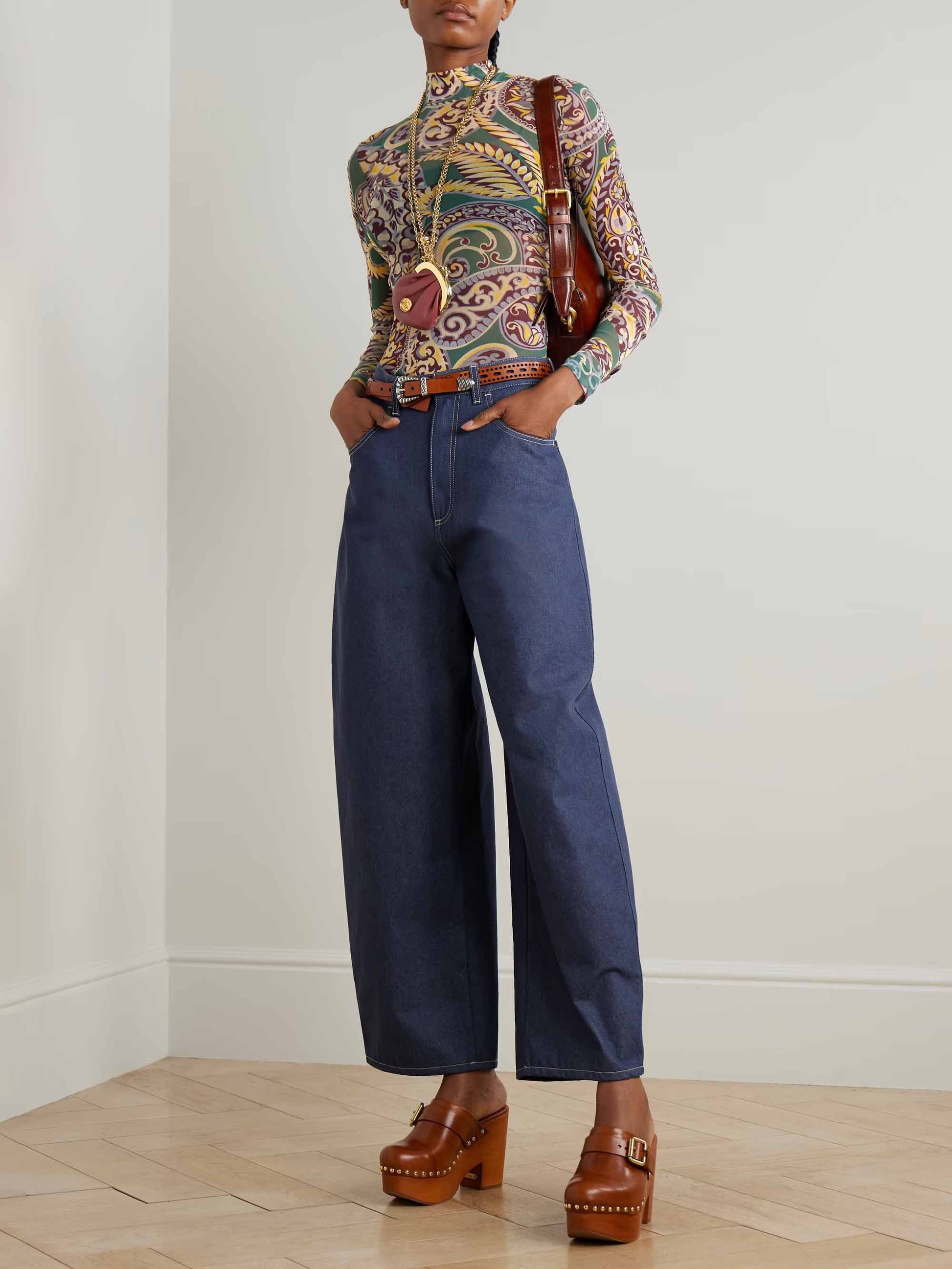 Exquisite Retro Paisley Print High-Neck Long Sleeve Top