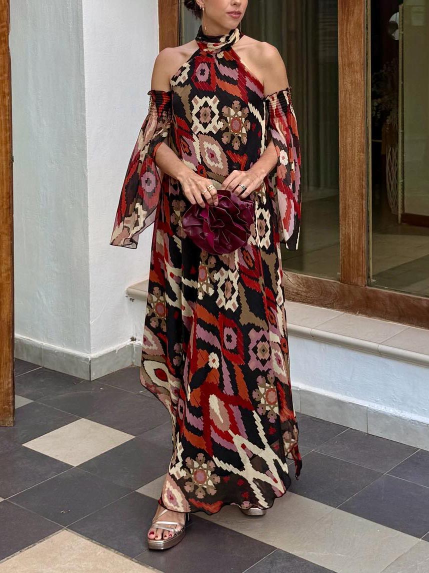 Robe longue à manches convertibles et imprimé géométrique bohème rétro