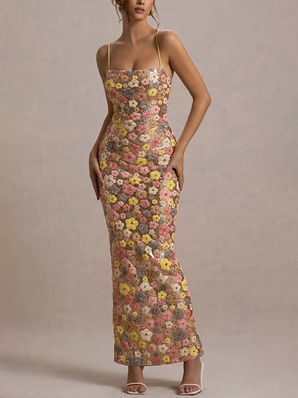 Robe longue extensible à imprimé floral et sequins d'inspiration rétro à col carré