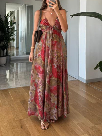 Robe longue à bretelles et col en V à imprimé végétal rétro