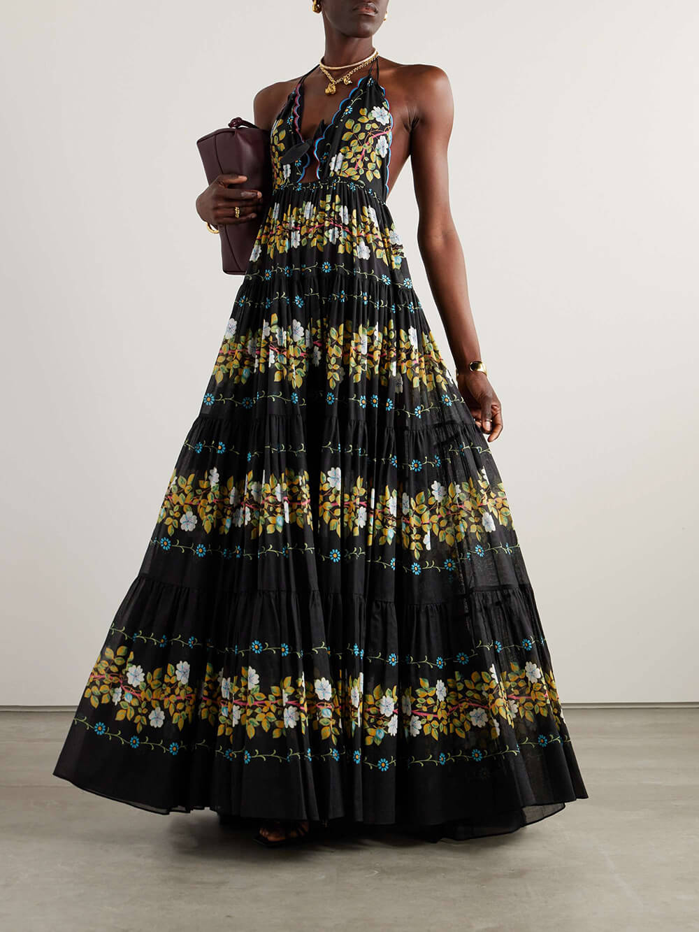 Robe longue décontractée dos nu à imprimé floral superposé