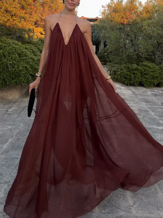 Elegantes, fließendes Chiffon-Maxikleid mit V-Ausschnitt
