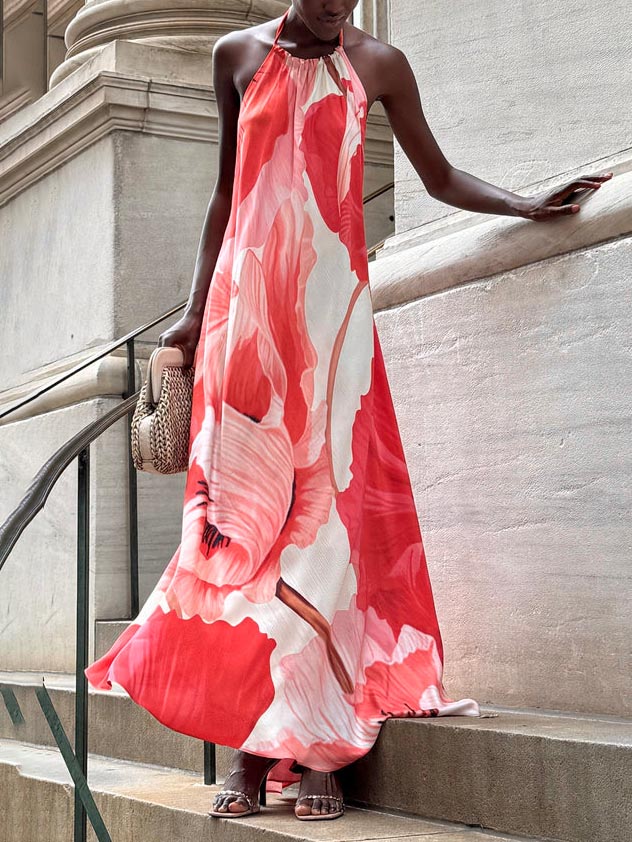 Robe longue décontractée à imprimé floral et dos nu