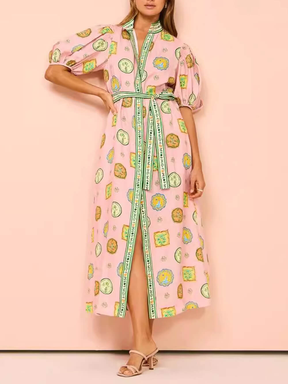 Robe longue unique en lin à imprimé graffiti et manches lanternes