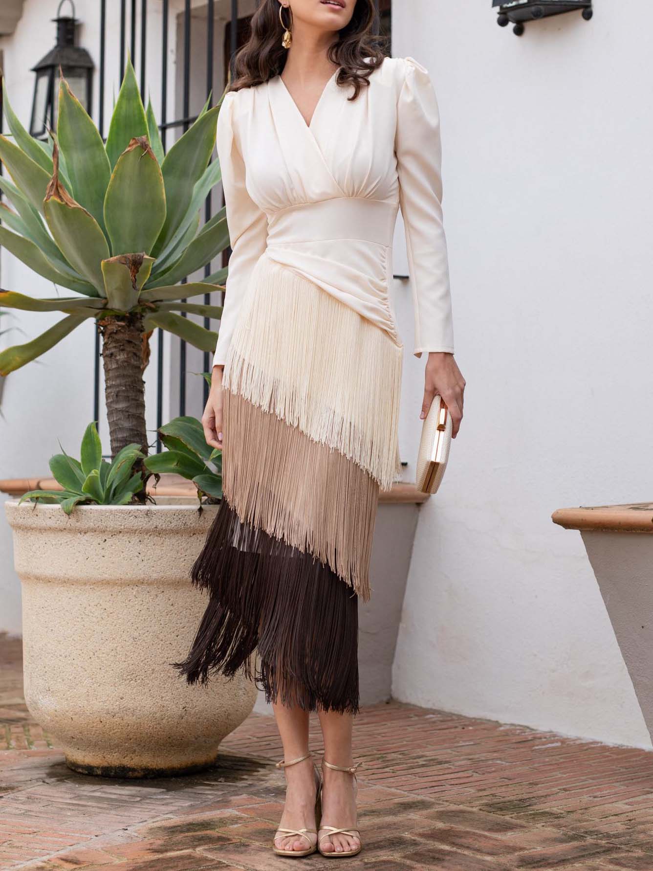 Elegant Layered Ombre Fringe Maxi Dress