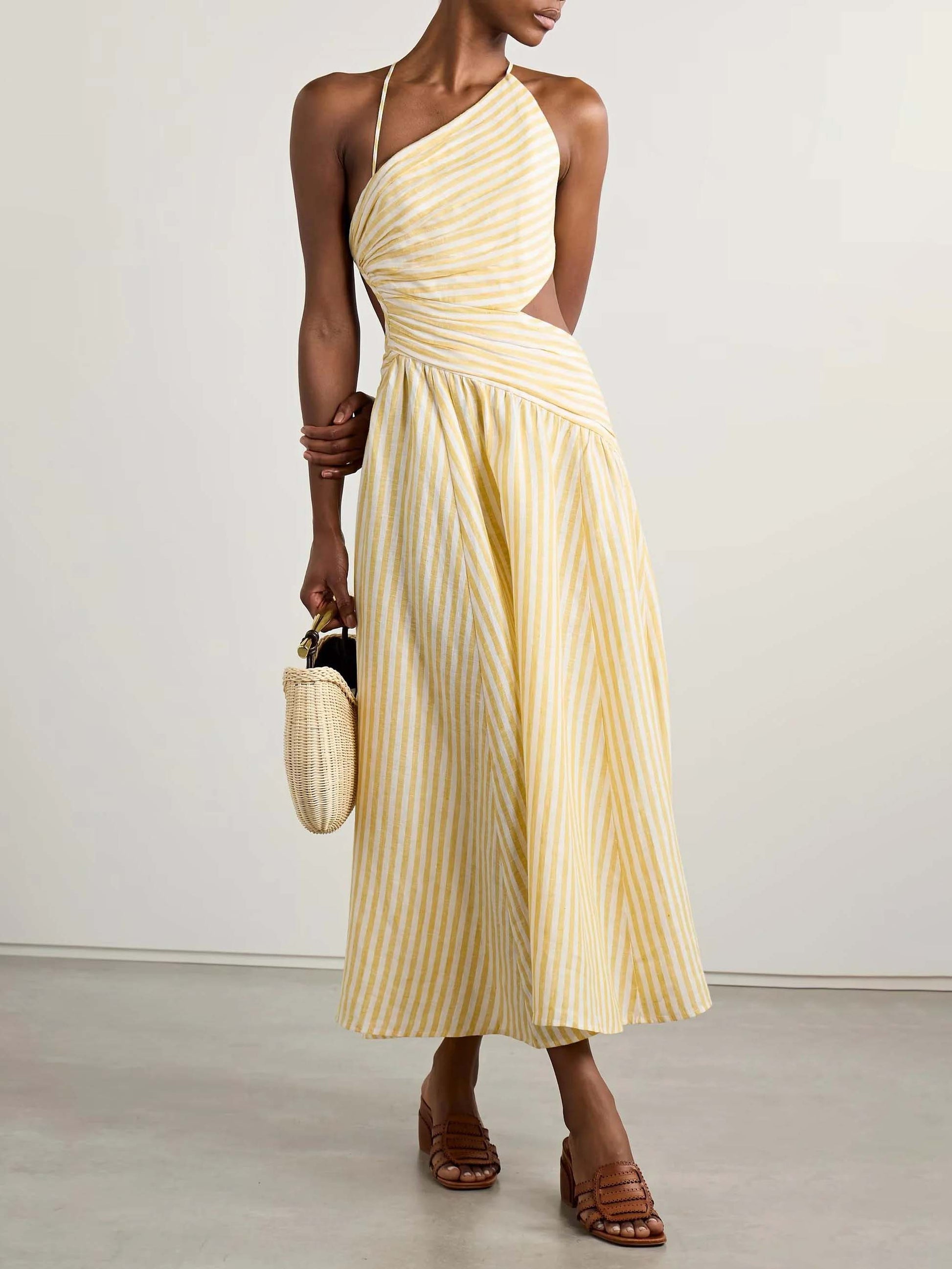 Robe midi décontractée exquise à imprimé rayé et plissé