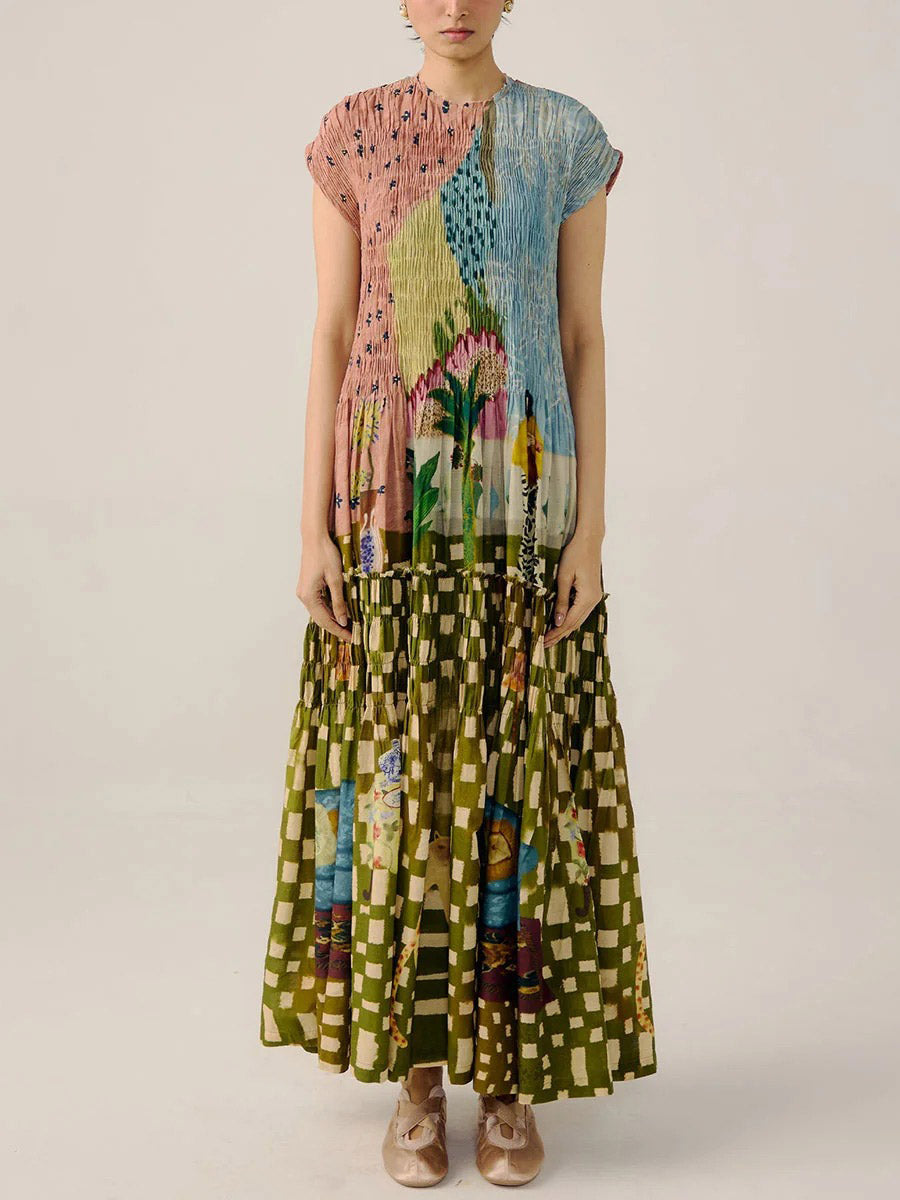 Robe longue plissée à imprimé rétro