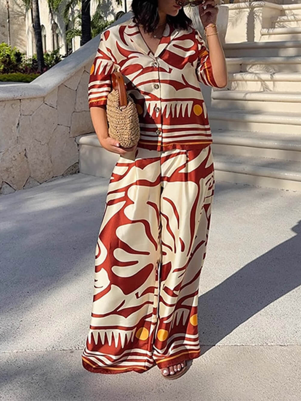 Einzigartige bedruckte Satinhose mit hoher Taille und weitem Bein
