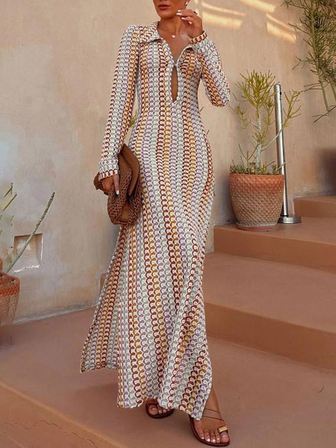Casual Shirt Collar Slit Wave Stripe Crochet Holiday Maxi Dress