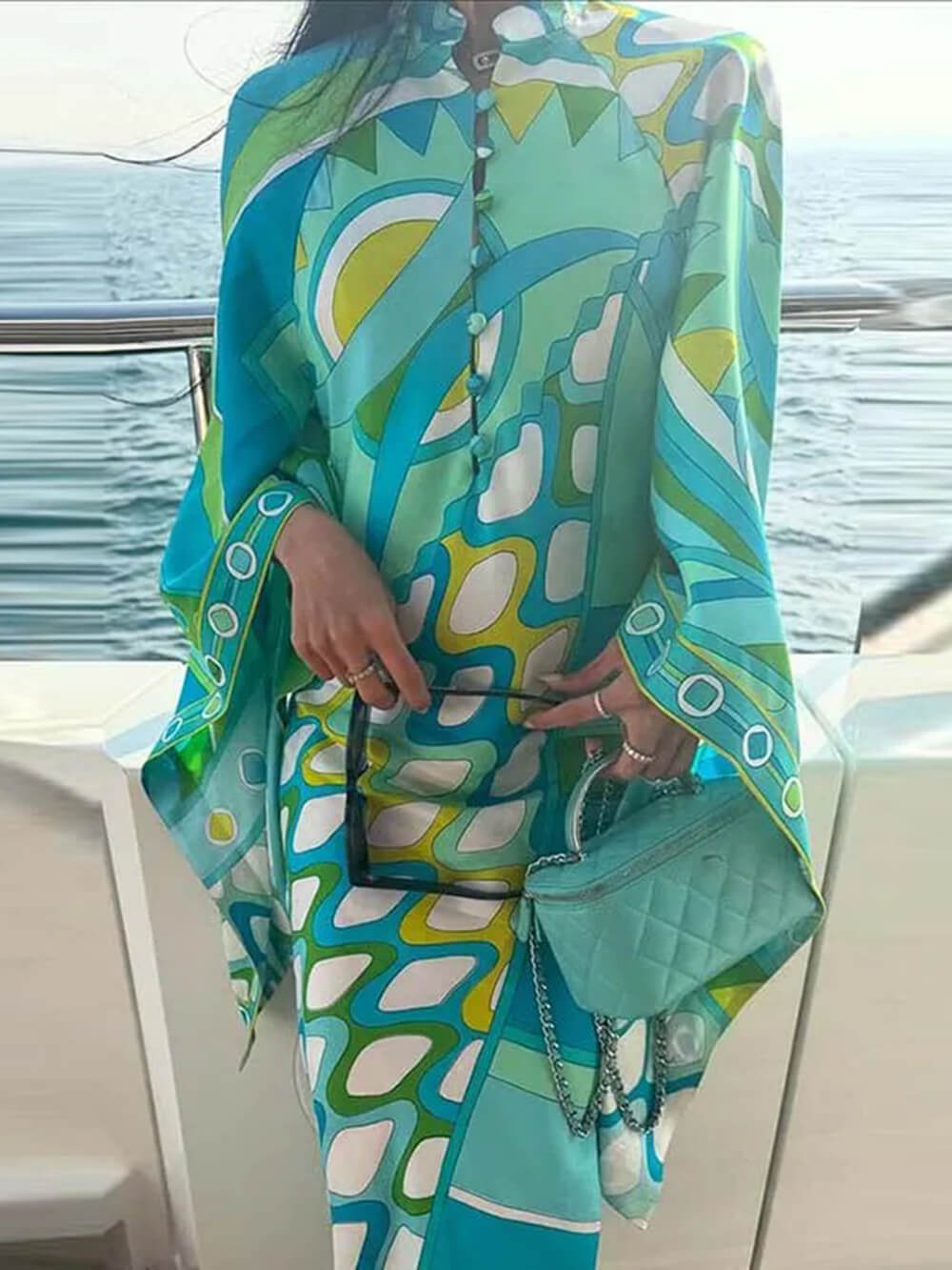 Elegant Button-Up Stand Collar Printed Loose Flared Asymmetrical Midi Dress