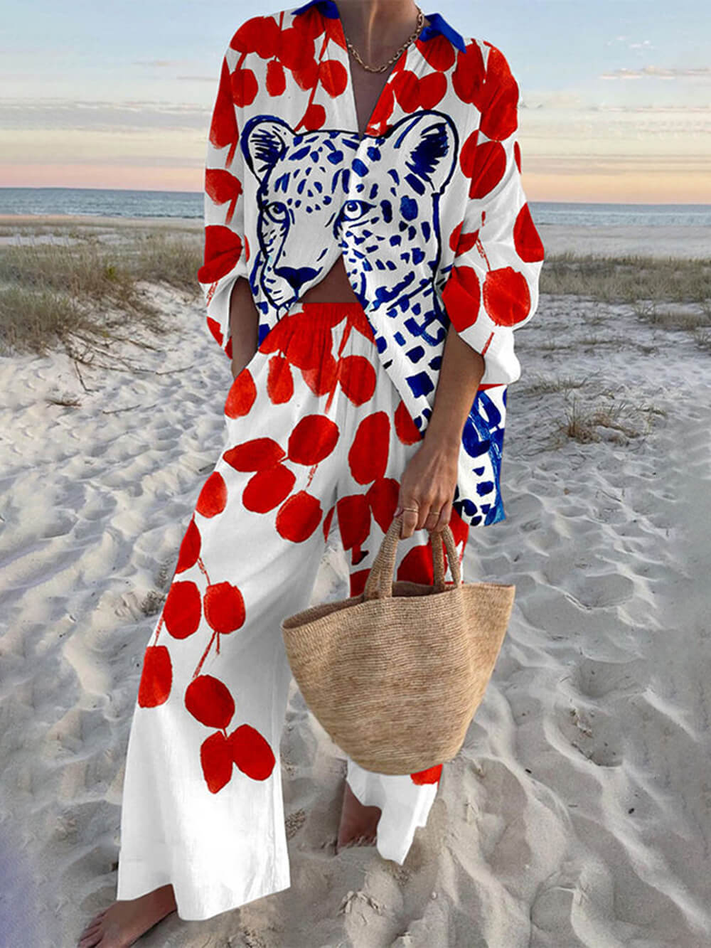 Ensemble unique chemise oversize à pois et imprimé léopard et pantalon à poches à taille élastique