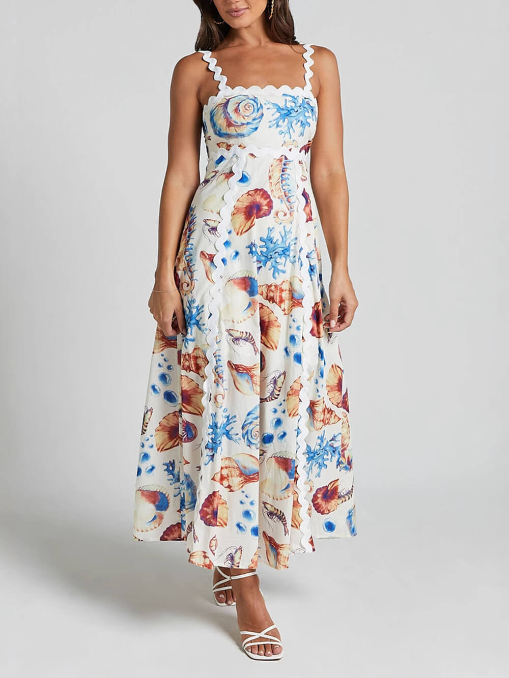 Robe longue décontractée à bretelles imprimées et patchwork pour les vacances