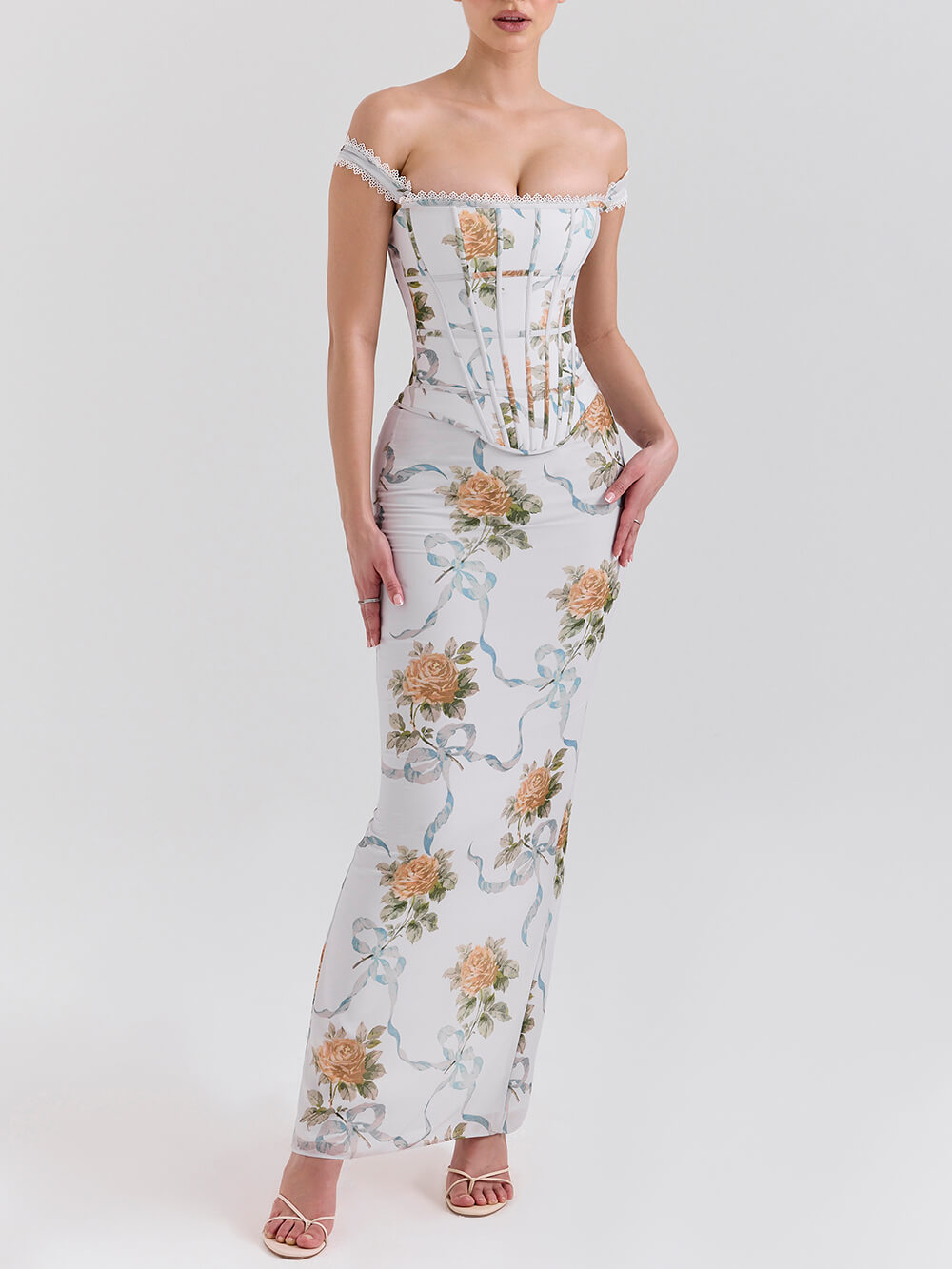 Robe longue corset à imprimé rétro