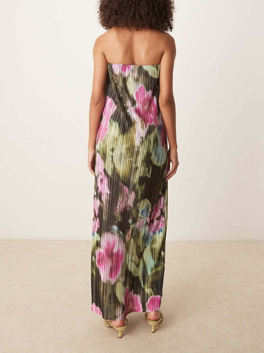 Sexy trägerloses, schulterfreies, plissiertes Maxikleid mit Blumenmuster