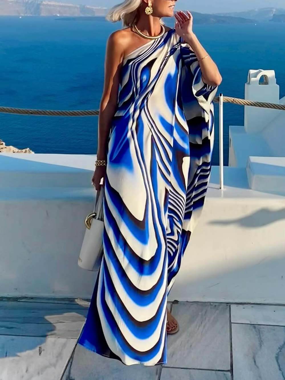 Einzigartiges, bedrucktes, Ausschnitt-Maxikleid mit einer Schulter im Urlaubsstil