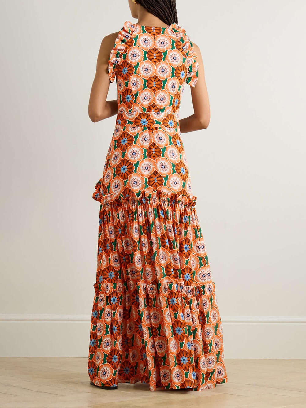 Robe longue rétro en mousseline froissée imprimée à volants et à taille nouée