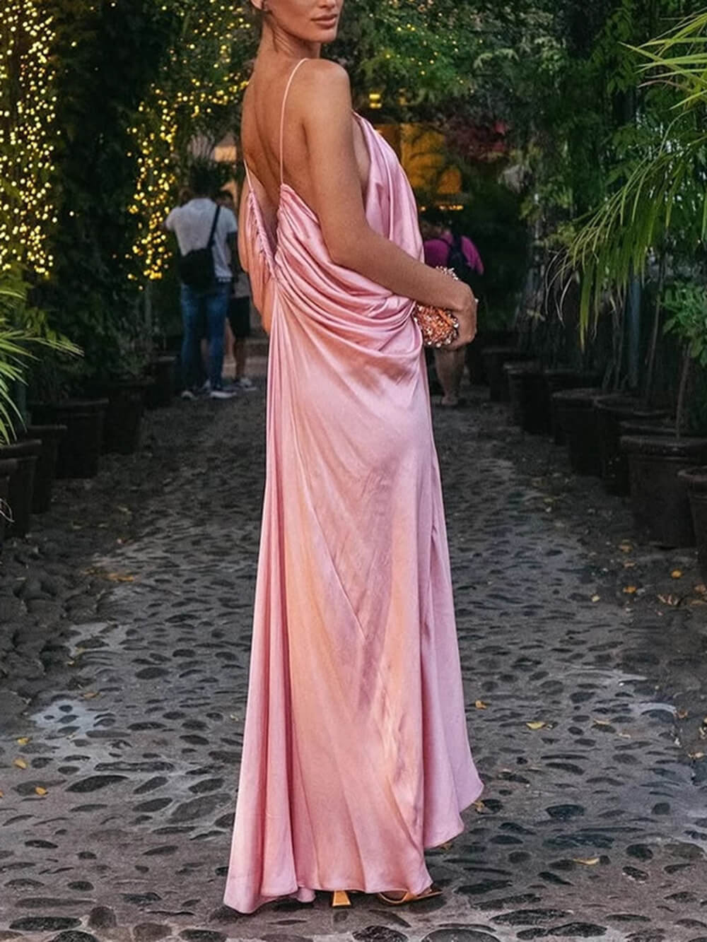 Sexy rückenfreies, trägerloses, drapiertes Maxikleid mit gerüschtem Design