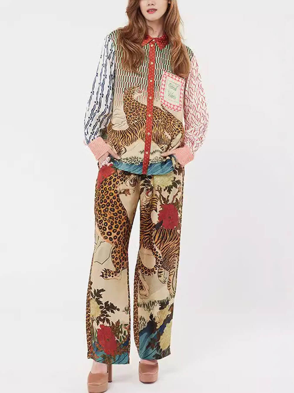 Chemise ample à manches longues et imprimé tigre de la jungle tropicale unique