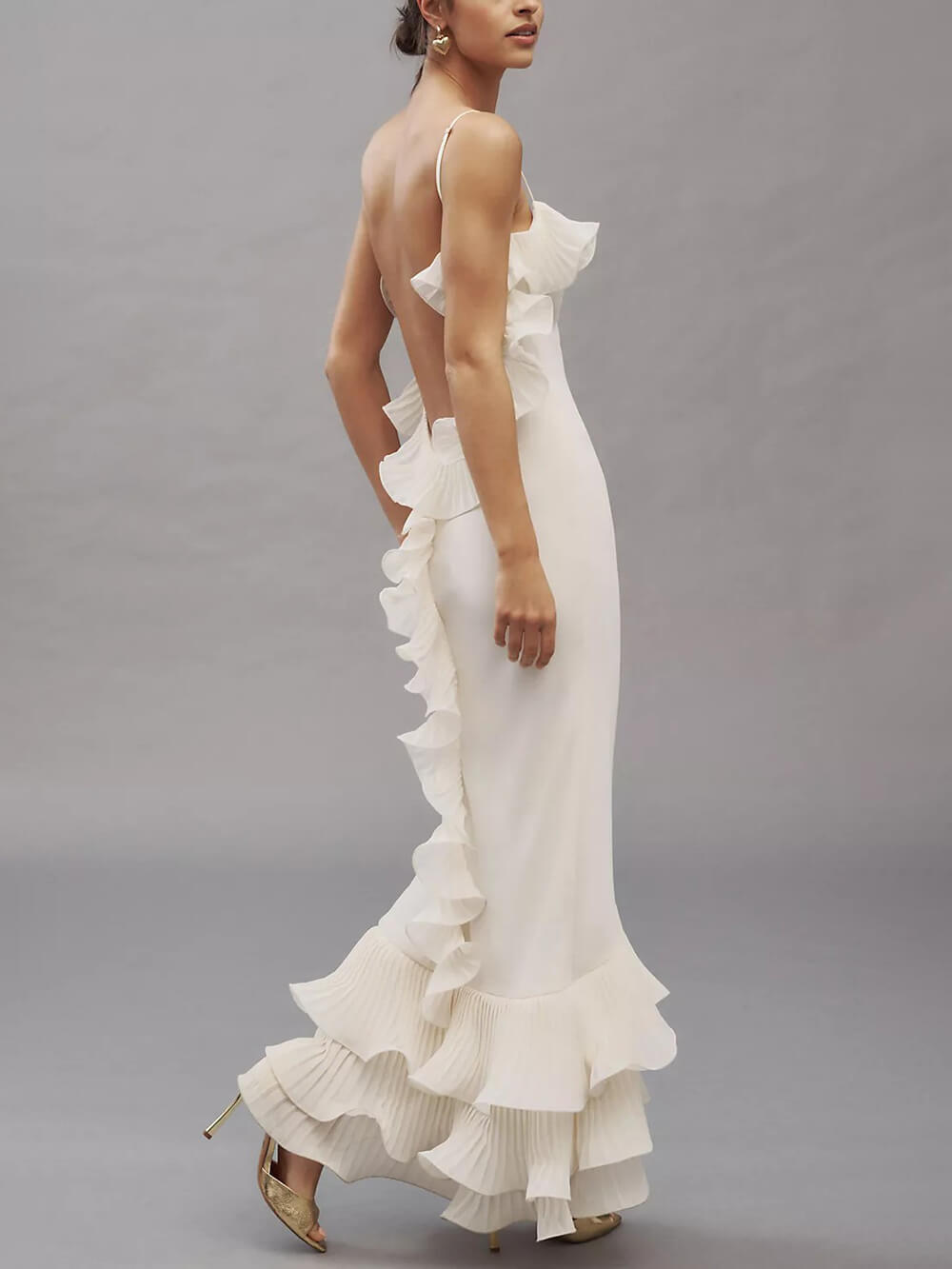 Elegant Pleated Chiffon Ruffle Trim Spaghetti Strap Maxi Dress