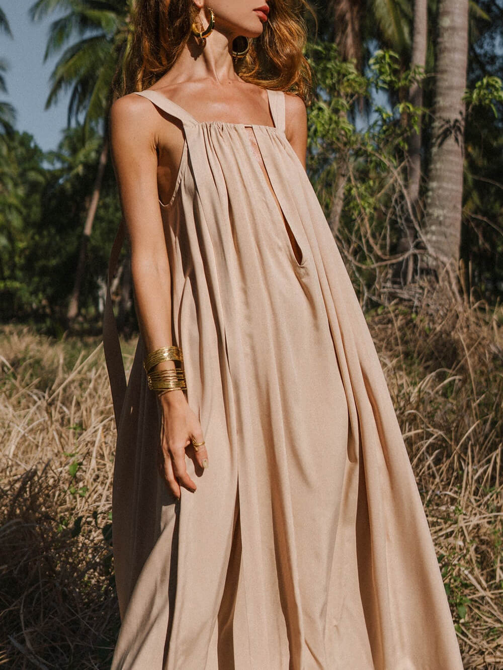 Elegant Square Neckline Beige Backless Flowing Ties Maxi Dress