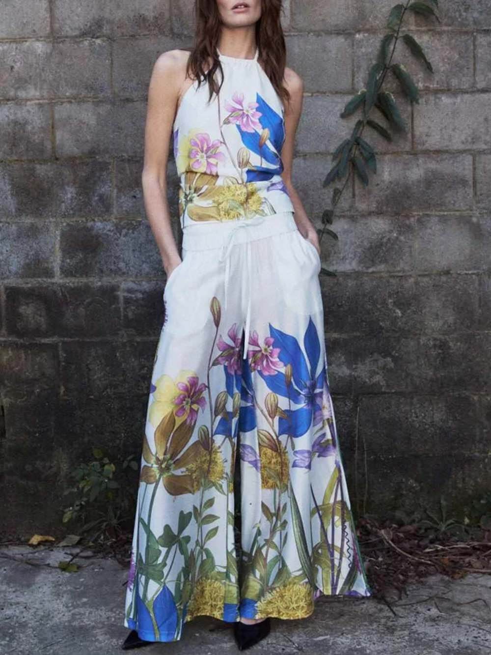 Unique Garden Print Elastic Waist Wide-Leg Pants