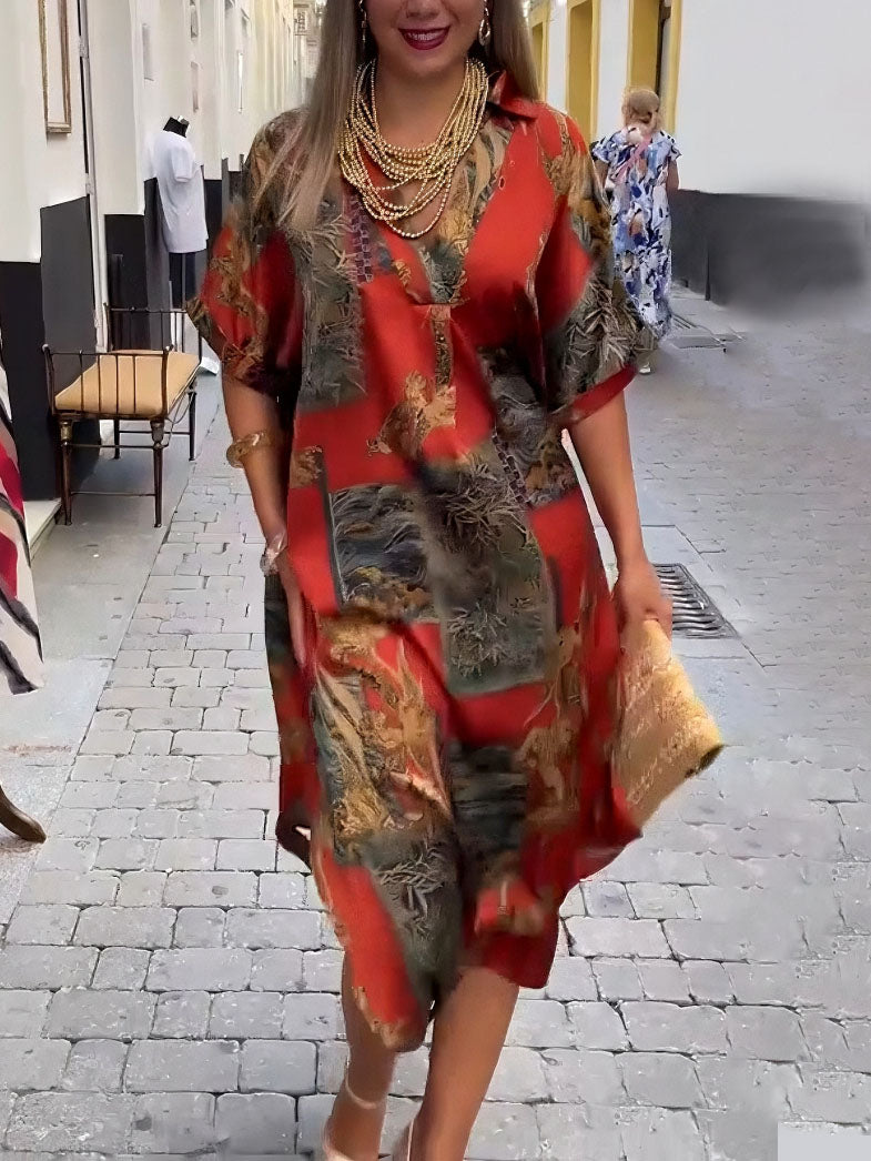 Robe chemise mi-longue à col en V et imprimé satin rétro