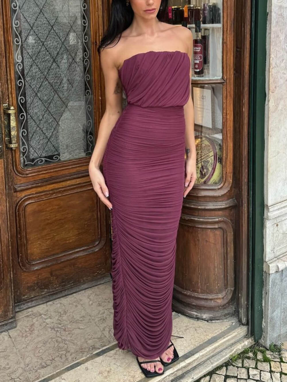 Elegant Mesh Strapless Ombre Print Bodycon Mermaid Gown Maxi Dress