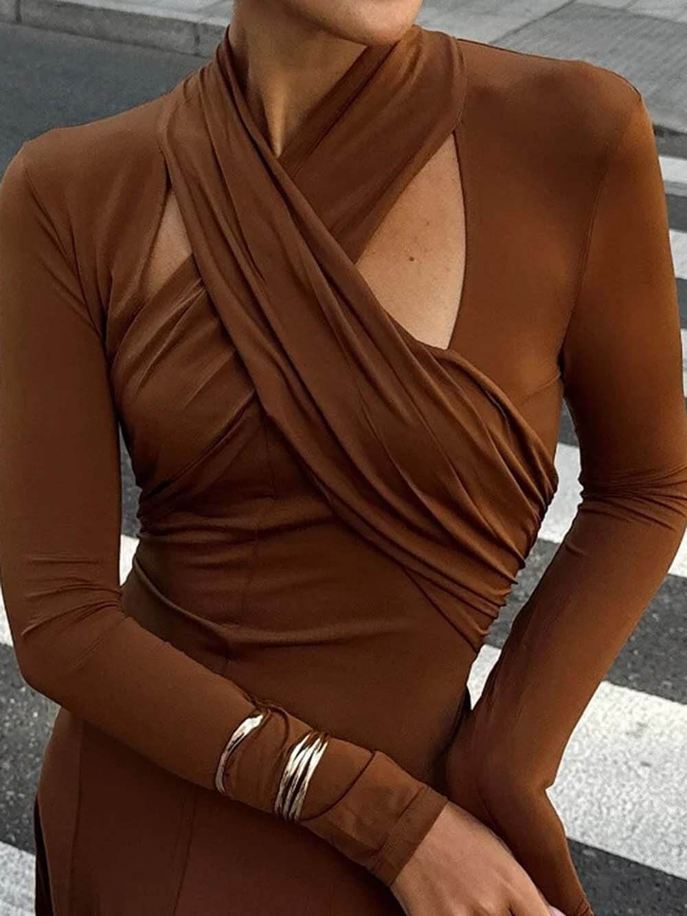 Fashionable Cut-Out Fitted Solid Long-Sleeve Maxi Dress