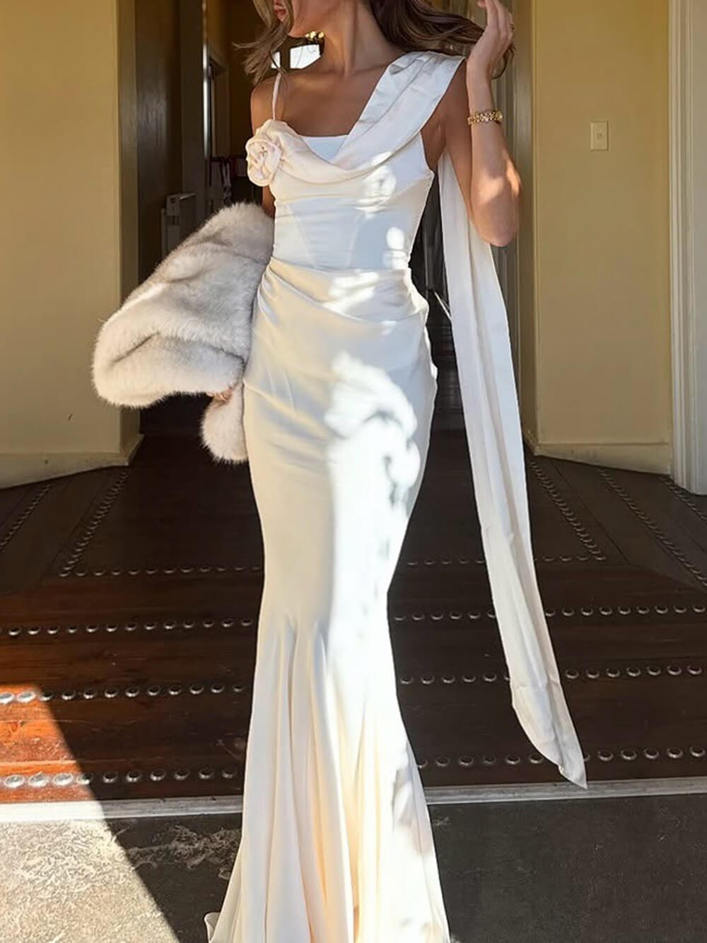 Elegant Pleated Fishtail Ribbon Fitted Party Maxi Dress