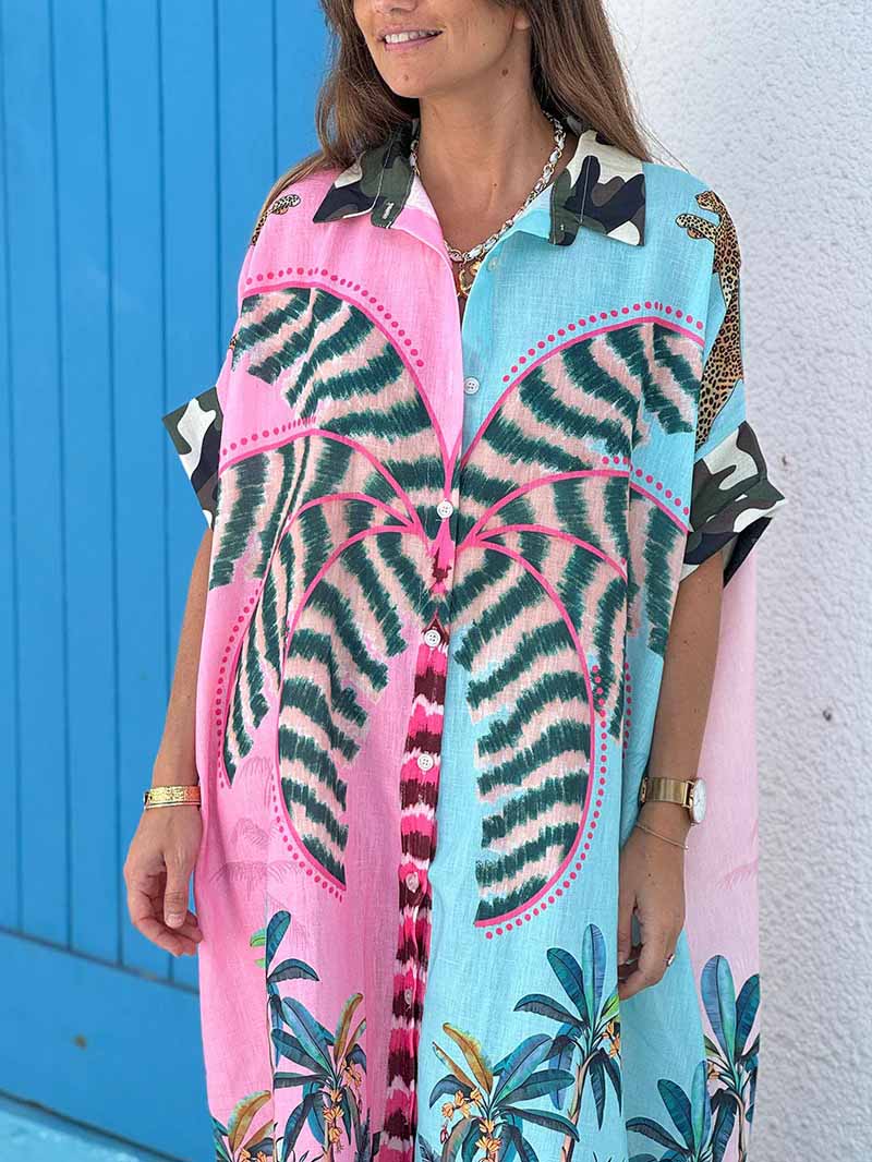 Robe longue à simple boutonnage et imprimé palmier Tung