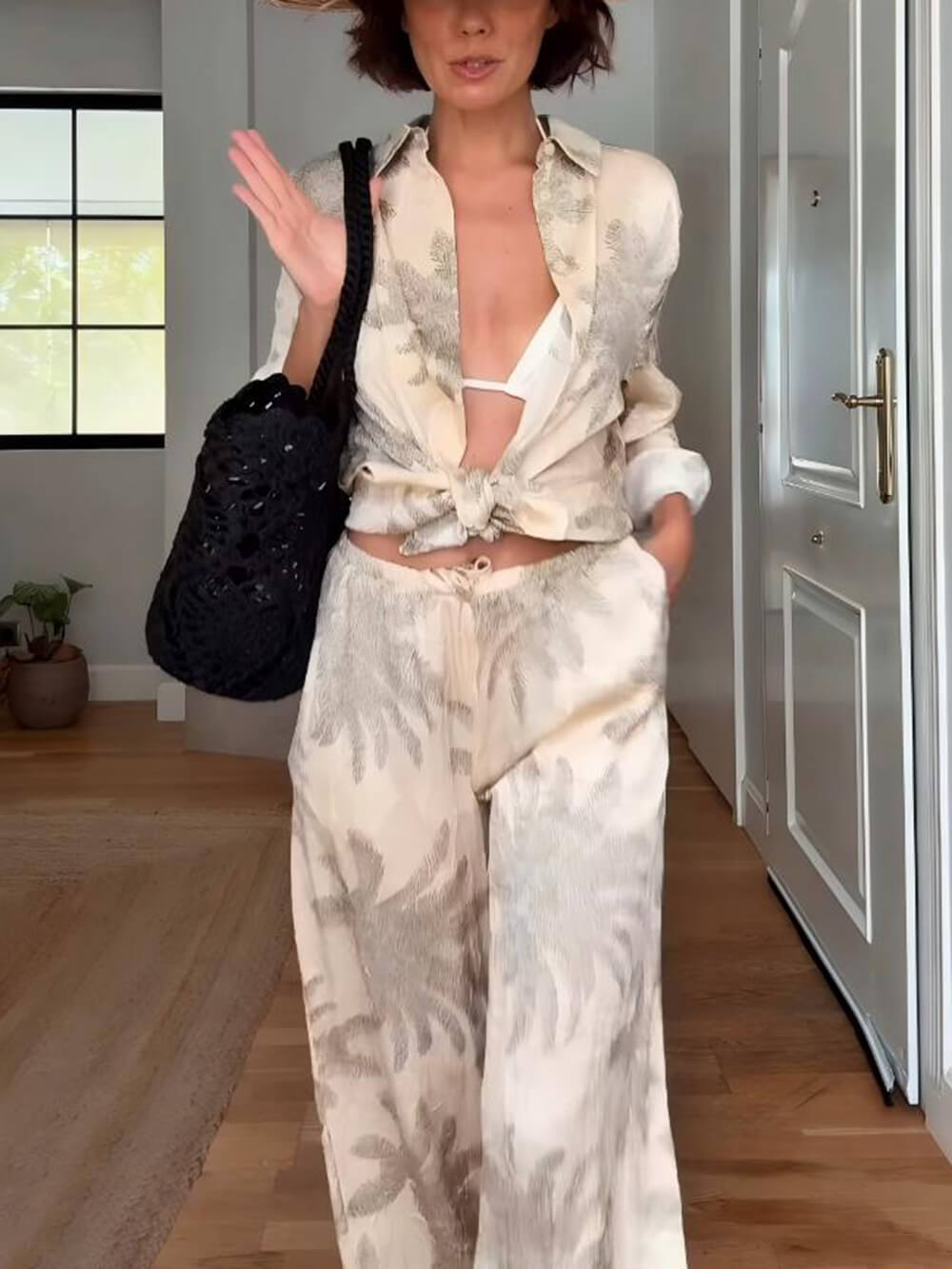 Summer Unique Palm Leaf Print Loose Lace Elastic Waist Pocket Wide Leg ants