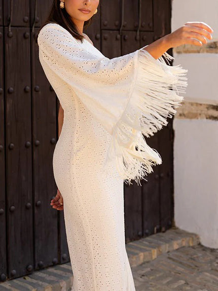 Robe midi élégante à une épaule et manches à pompons