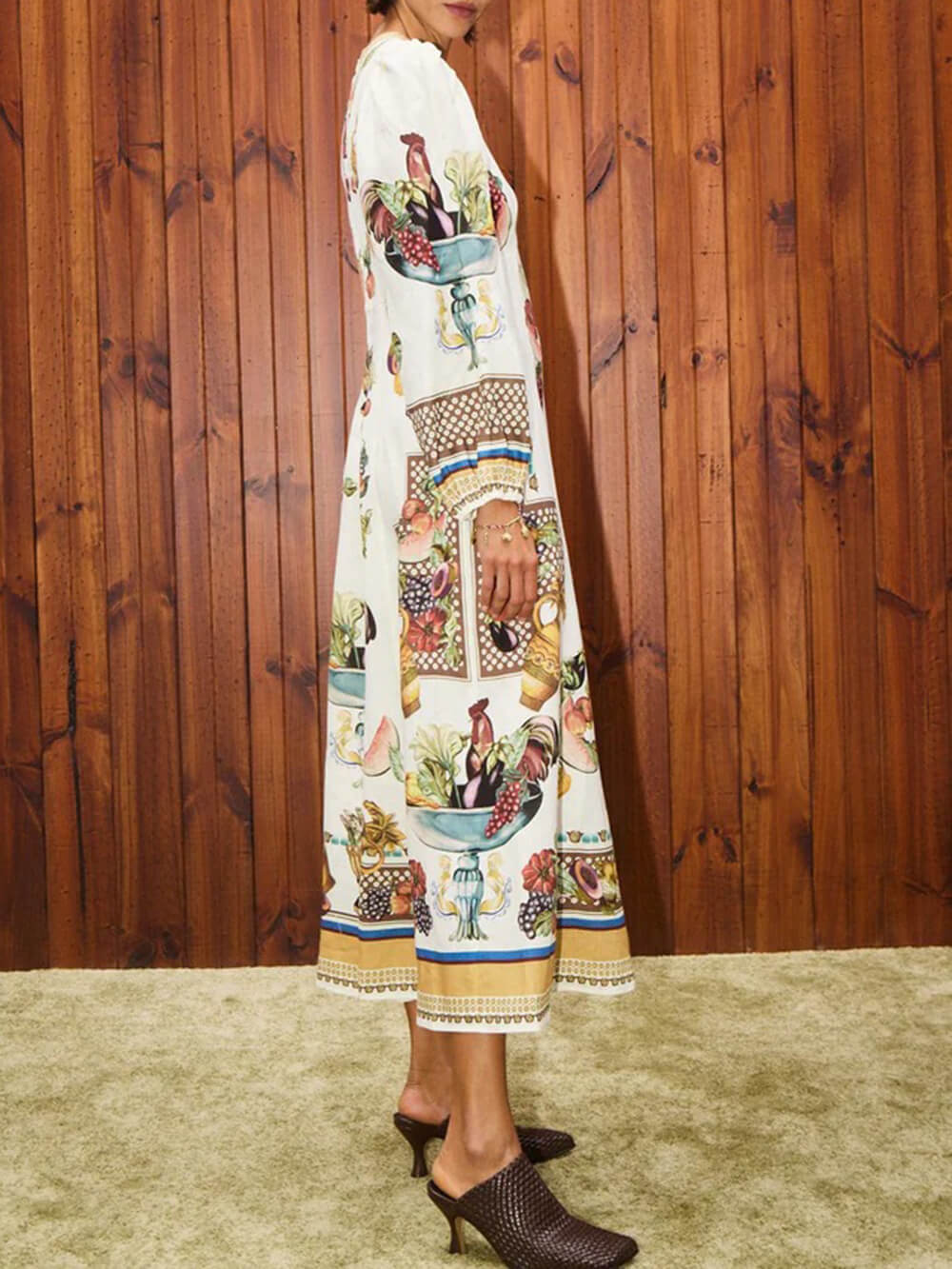 Robe longue trapèze décontractée à imprimé patchwork de fruits tropicaux Island Bloom